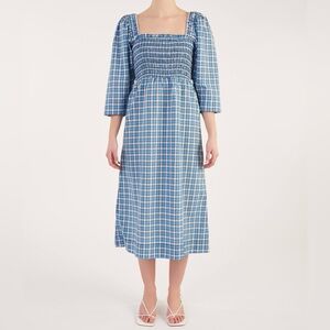 GANNI Seersucker Check Smocked Midi Dress Size 38 (US 6) Blue Puff Sleeves Boho
